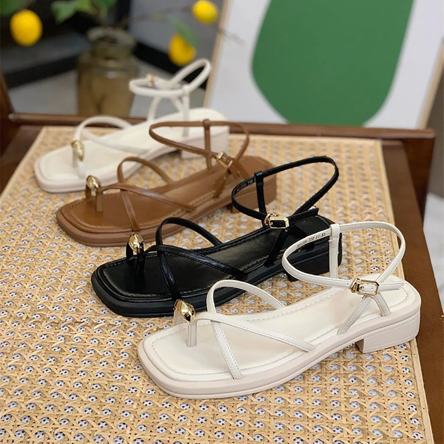 Women's Summer Sandals With One Line Buckle Clip Toe Thick Heel Temperament Thin Strap Studded Sandals for Women
