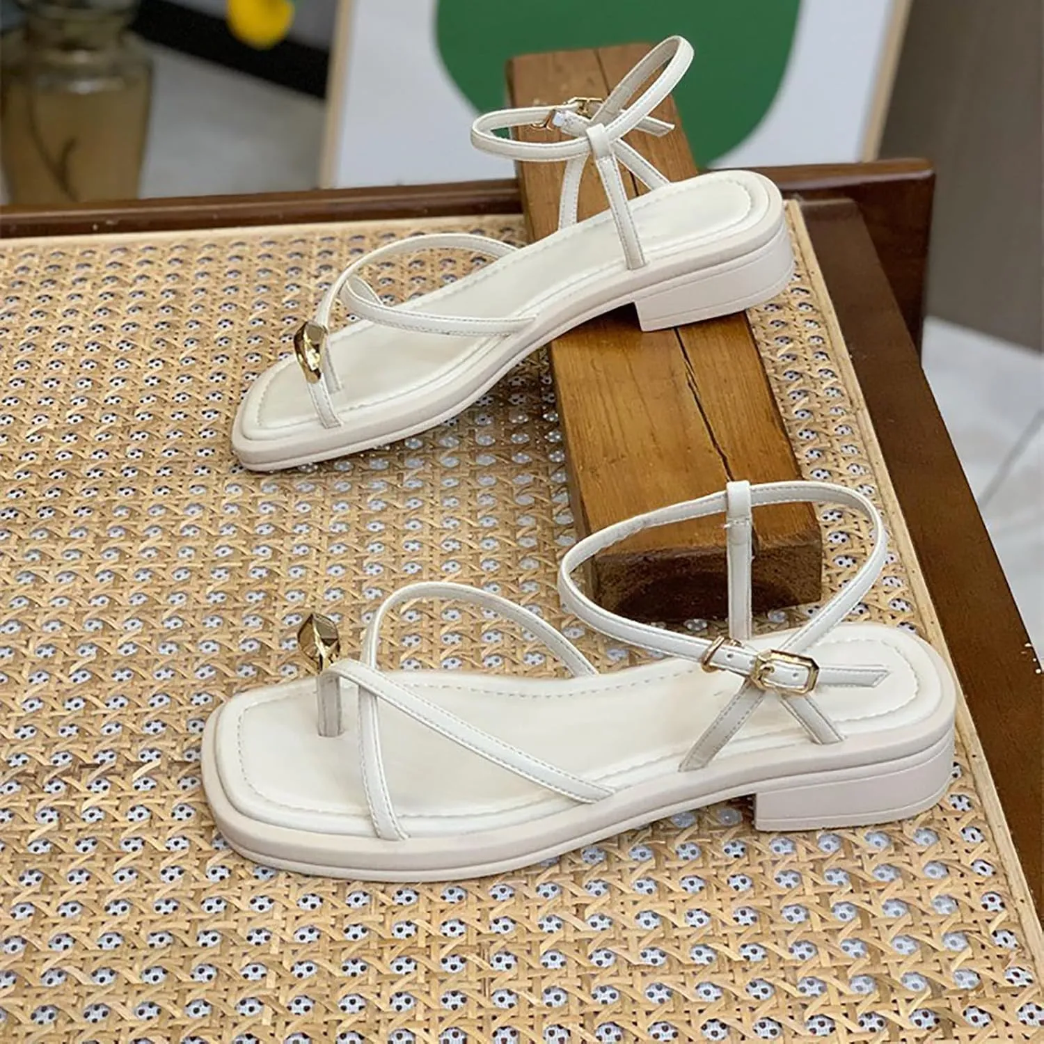 Women's Summer Sandals With One Line Buckle Clip Toe Thick Heel Temperament Thin Strap Studded Sandals for Women