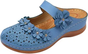 Womens Summer Slipper:2025 Leather Casual Comfort Mules Outdoor Beach Sandals with Arch Support Vintage Slip Wedge Flowers Sandals 2025