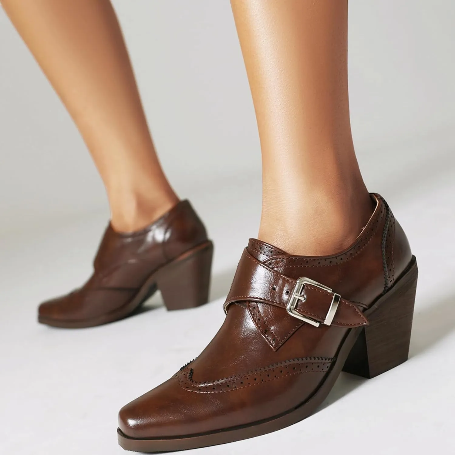 Women's Vintage Stacked Heel Oxfords Wingtip Side Zipper High Heel Brogue Pumps Shoes for Women