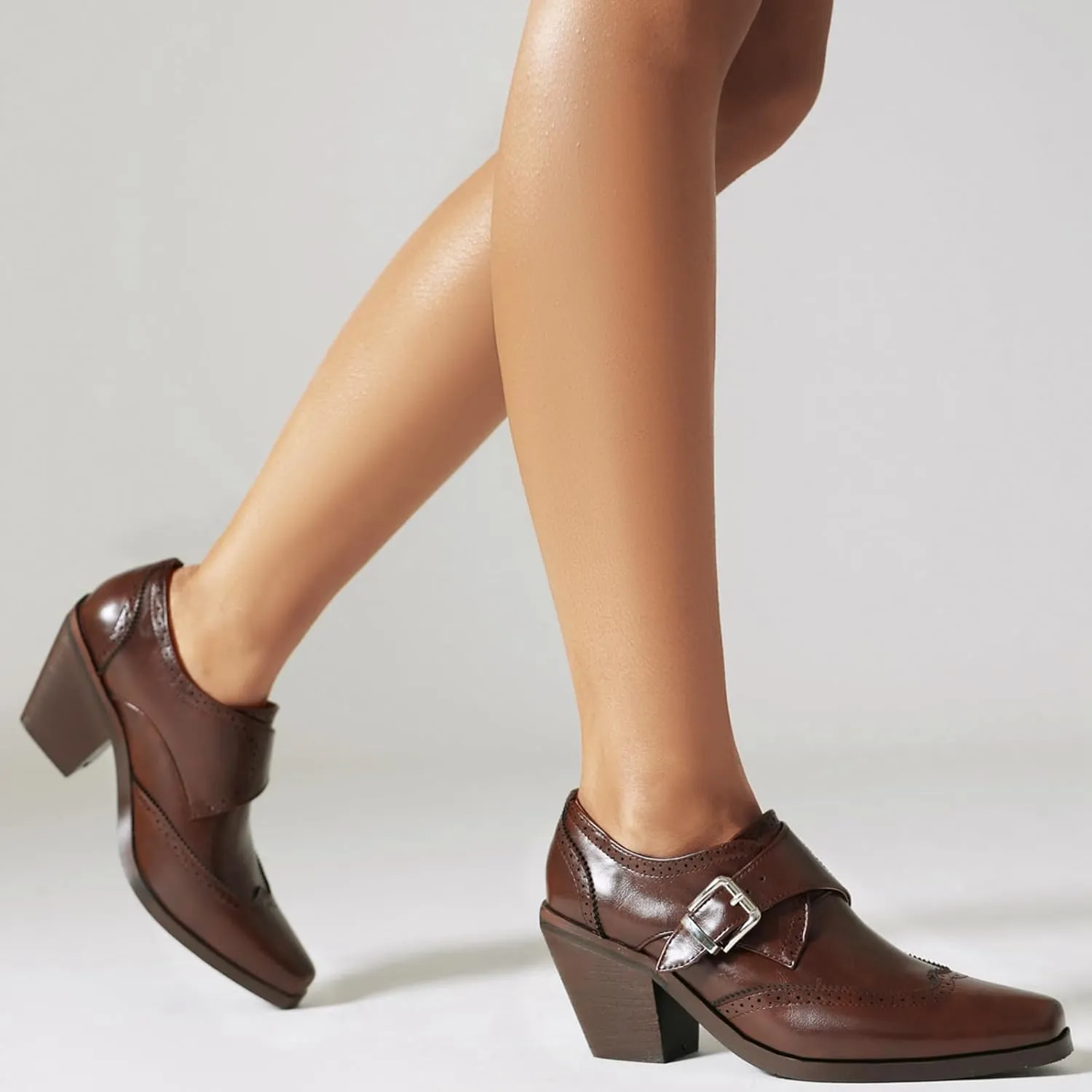 Women's Vintage Stacked Heel Oxfords Wingtip Side Zipper High Heel Brogue Pumps Shoes for Women