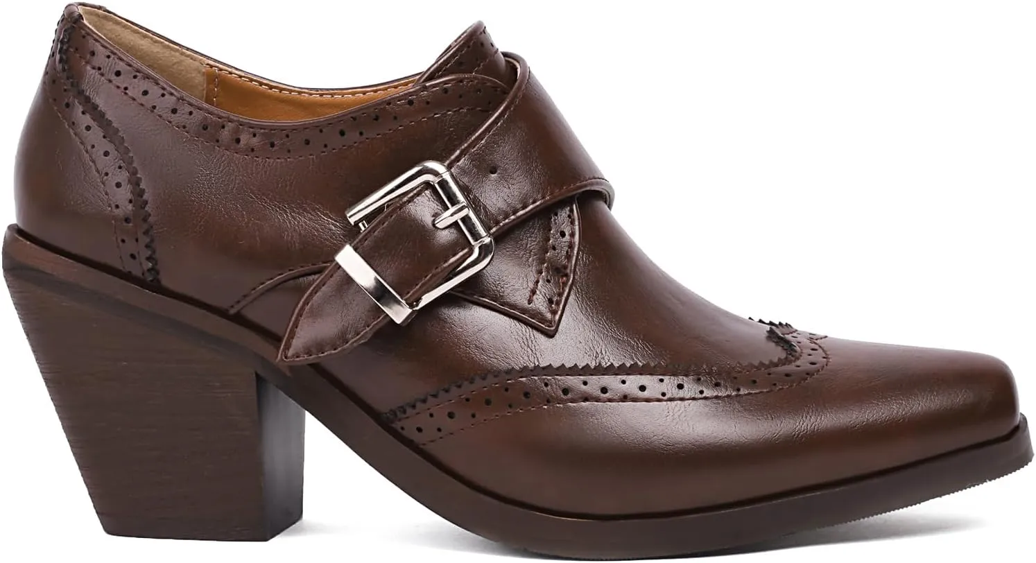 Women's Vintage Stacked Heel Oxfords Wingtip Side Zipper High Heel Brogue Pumps Shoes for Women