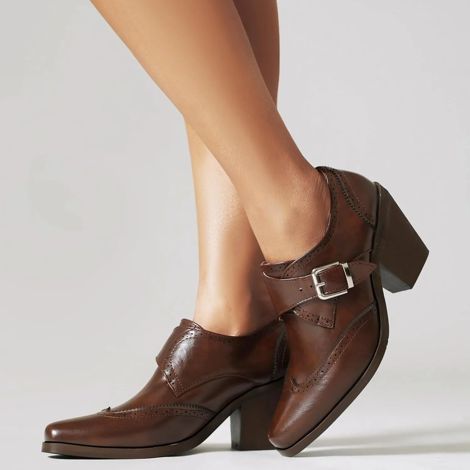 Women's Vintage Stacked Heel Oxfords Wingtip Side Zipper High Heel Brogue Pumps Shoes for Women