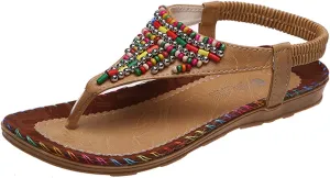Women's Wedge Sandals with Pearls Across The Top Sandals Dressy Flat with Bohemian Beaded Comfortable Casual Summer Slip on Ankle Elastic Thong Shoes 2025