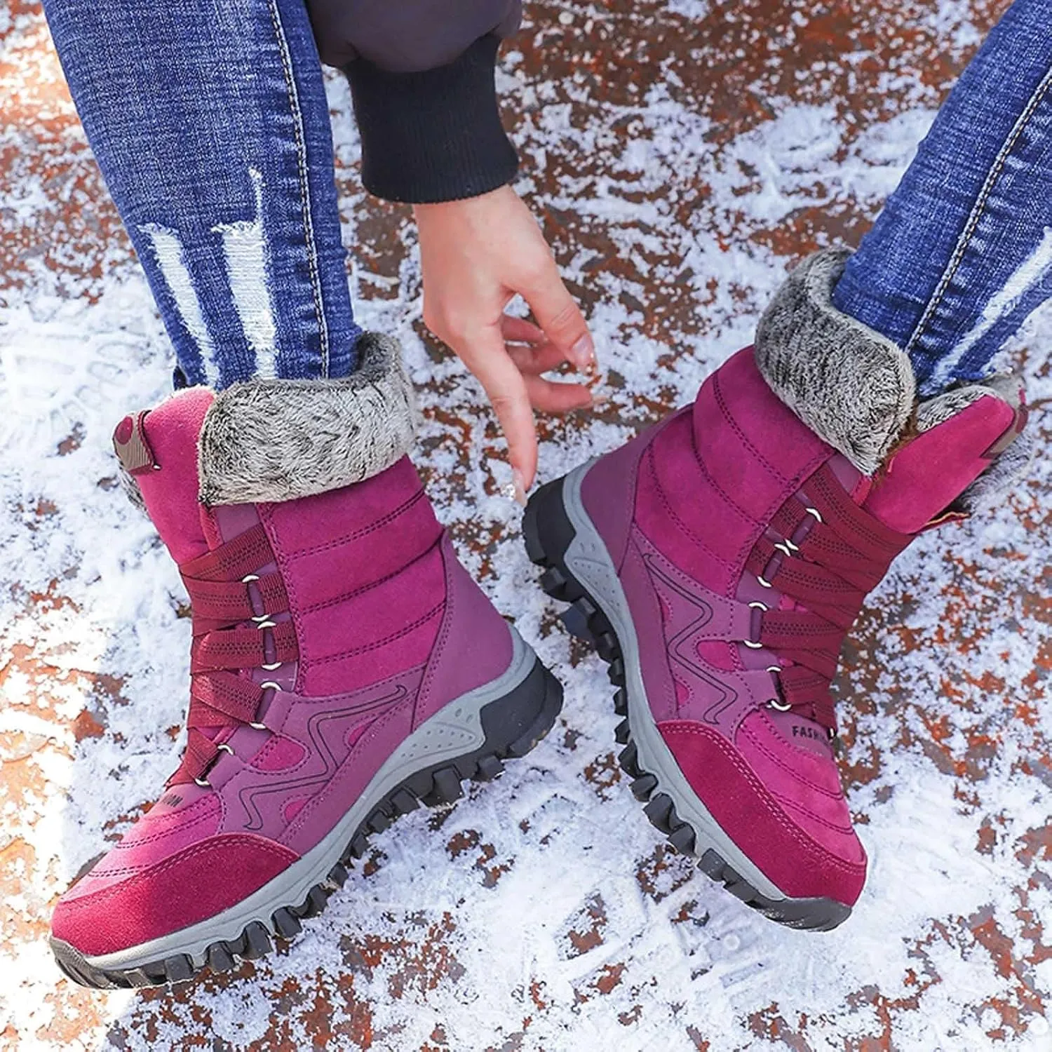 Women's Winter Snow Boots Waterproof Ankle booties Fur Lined Warm Ski Boots Outdoor Hiking Boots Lace Up Short Boots