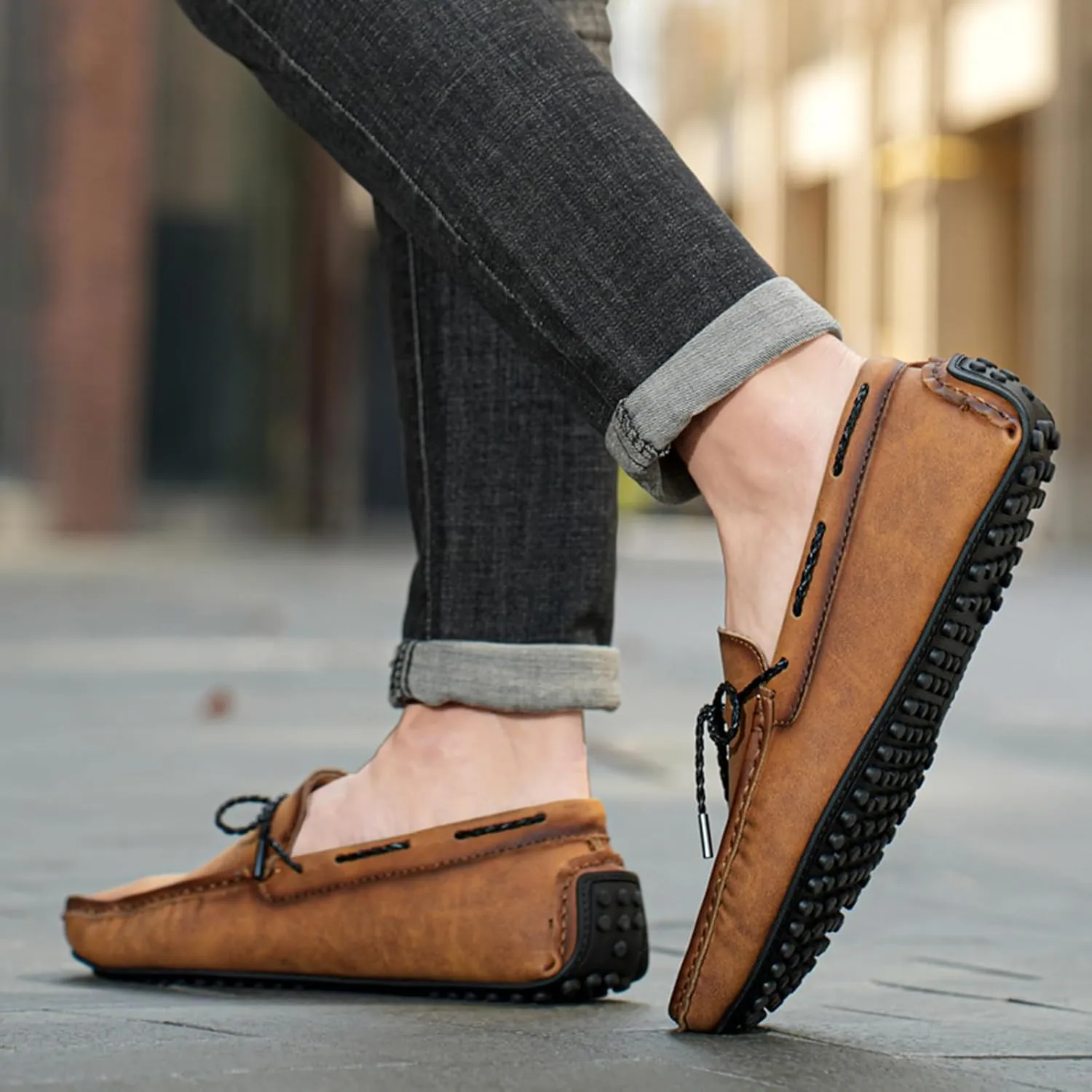 Zeberfi Men's Leather Moccasins Penny Loafers Casual Lace up Slip on Gommino Flat Driving Shoes Comfort Dress Boat Shoes