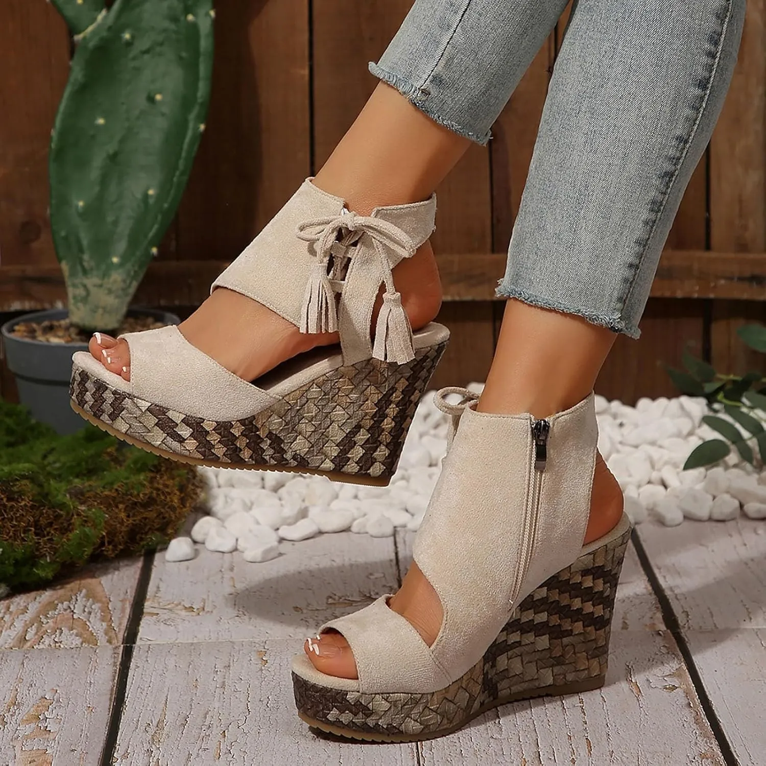 ZWRXW Women's Platform Sandals Casual Summer Dressy Wedge Sandal with Arch Support Orthopedic Comfortable High Heeled Wedges Adjustable Elastic Ankle Strap Open Toe Sandals Fashion Streetwear